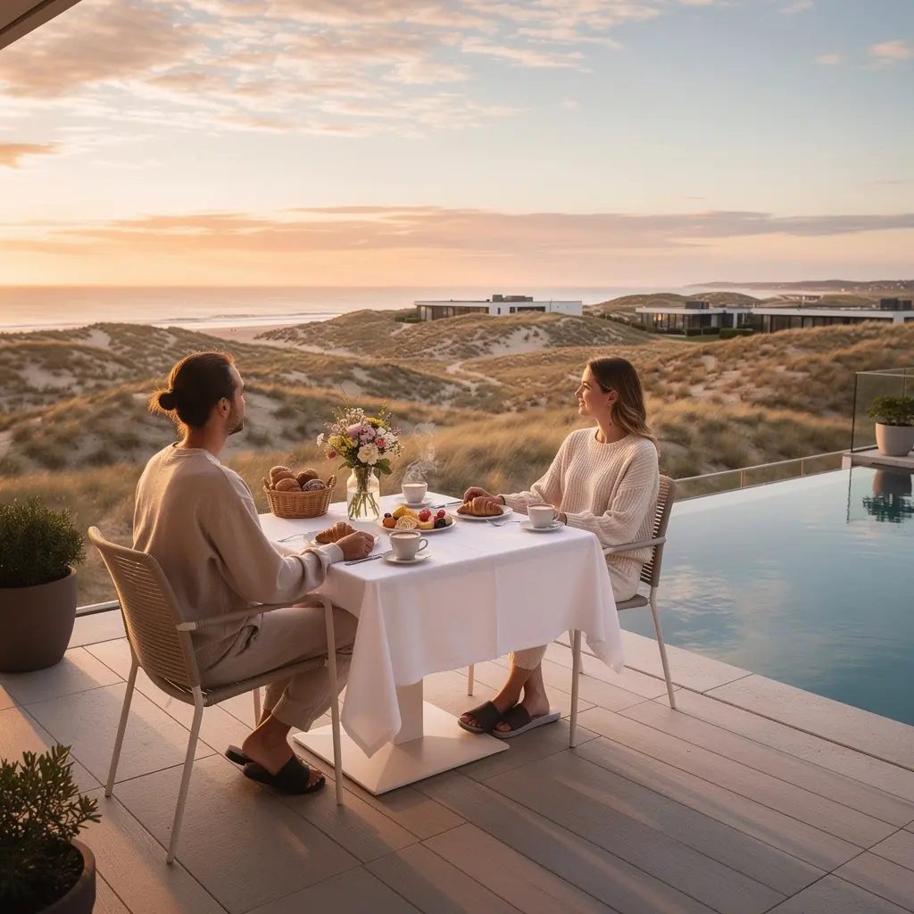 Elegante Sonnenliege auf der Terrasse mit Blick auf die Düne.