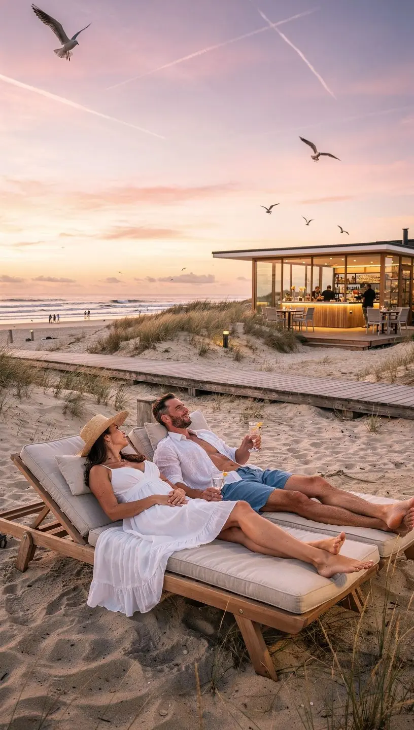 Familie beim Spielen am Strand, umgeben von malerischen Dünen.