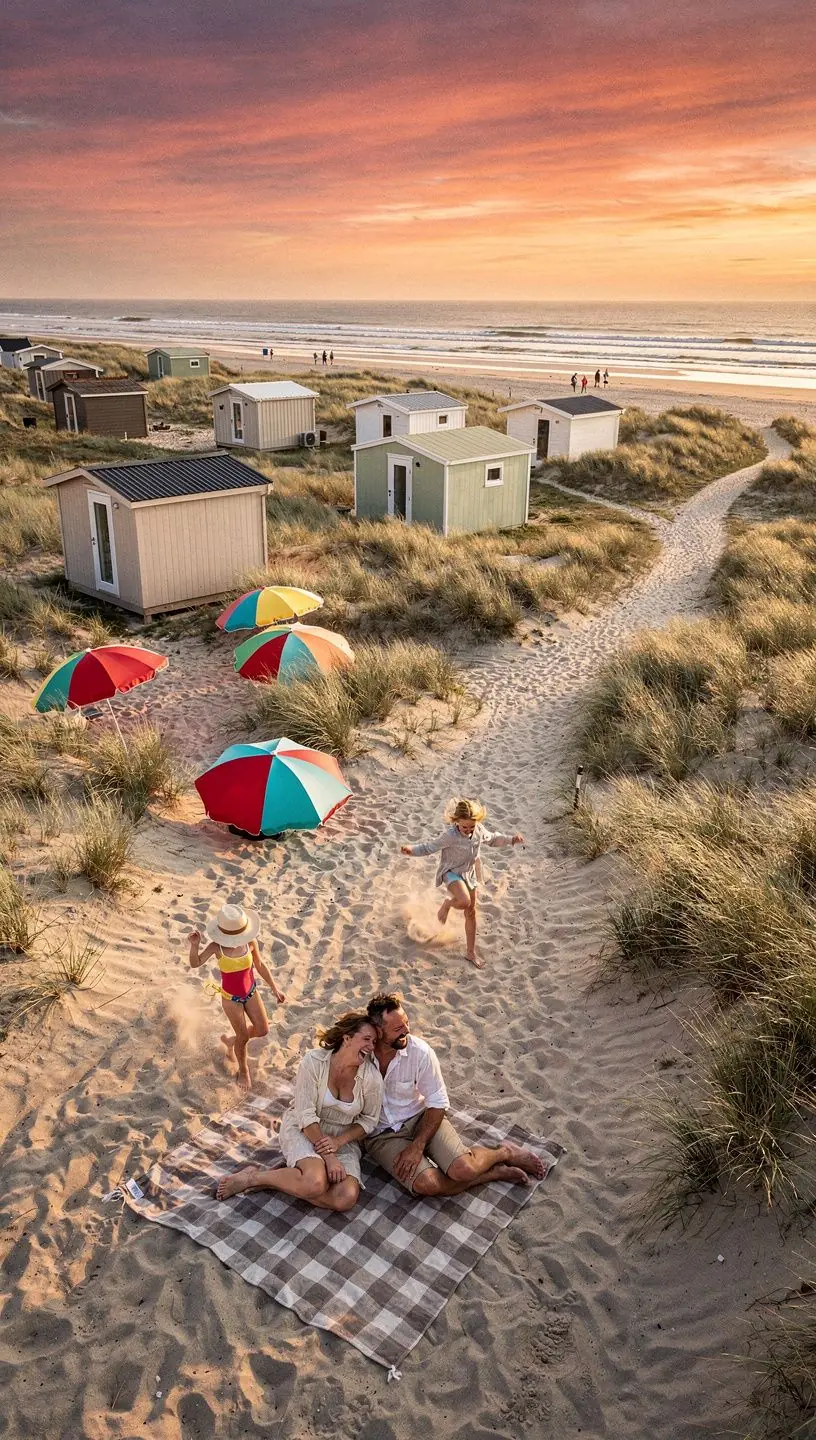 Romantischer Sonnenuntergang über dem Wasser, das die Düne umspielt.